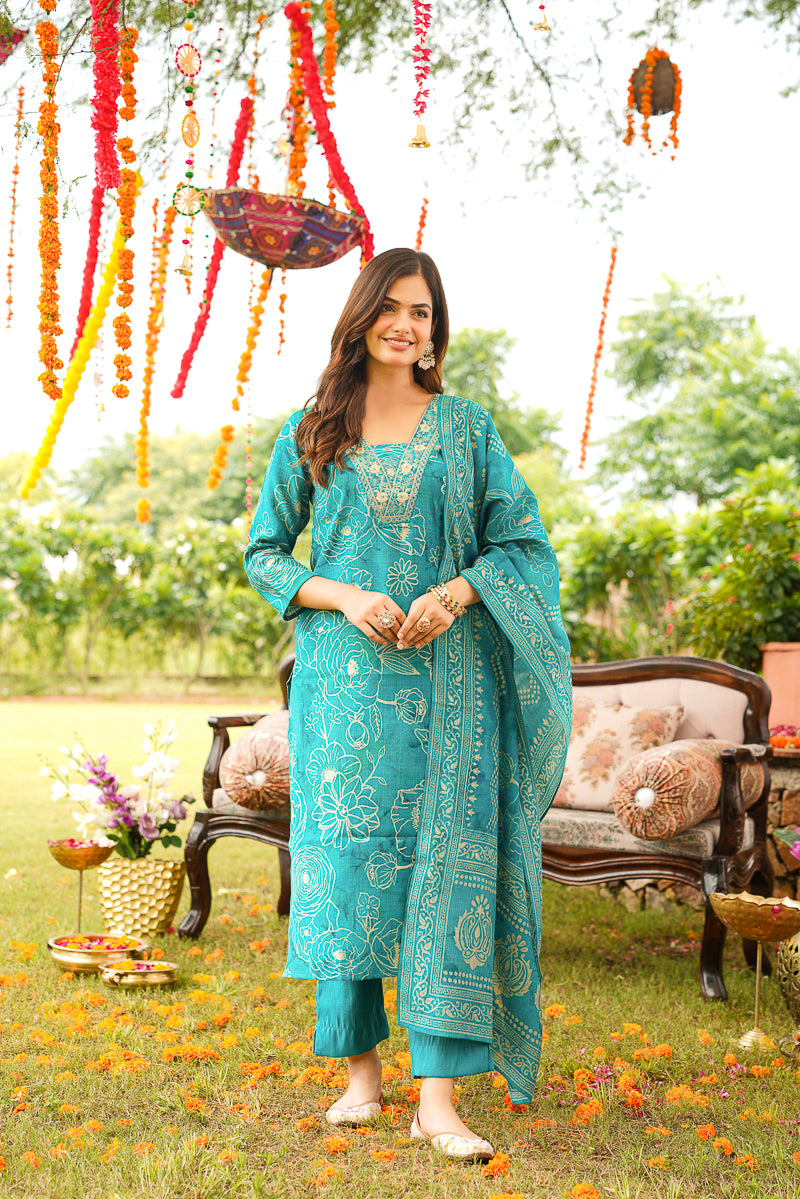 Turquoise Viscose Rayon Floral Embroidered Straight Kurta Trousers With Dupatta PKSKD3077