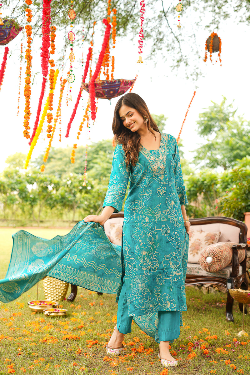 Turquoise Viscose Rayon Floral Embroidered Straight Kurta Trousers With Dupatta PKSKD3077