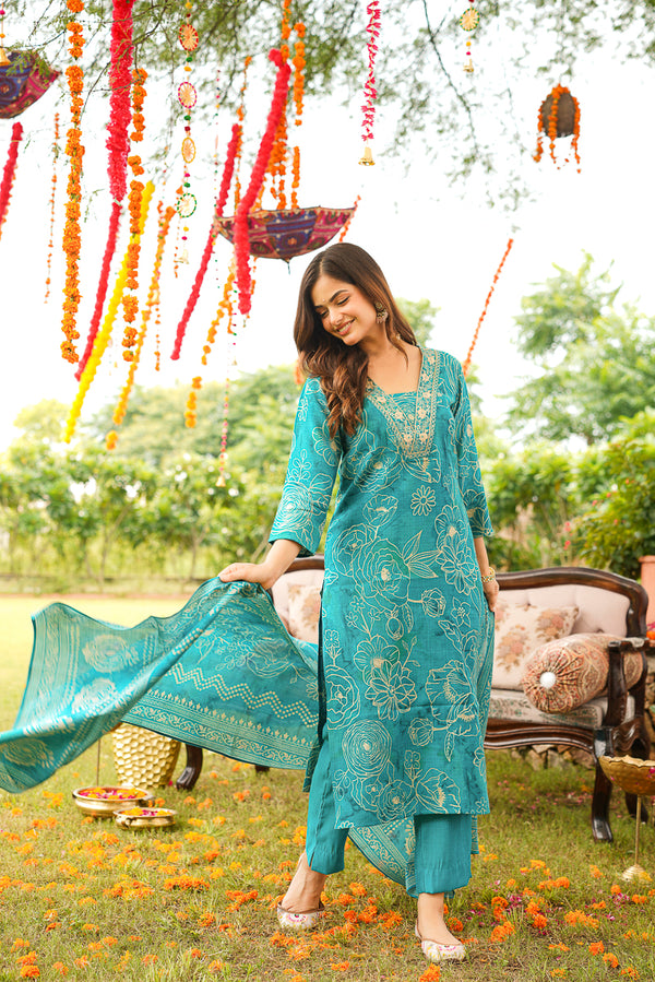 Turquoise Viscose Rayon Floral Embroidered Straight Kurta Trousers With Dupatta PKSKD3077