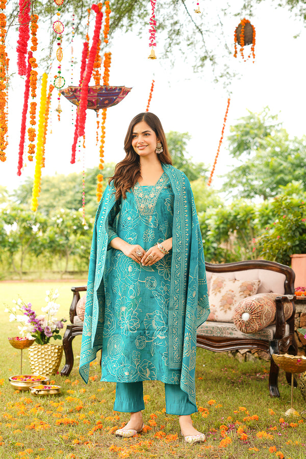 Turquoise Viscose Rayon Floral Embroidered Straight Kurta Trousers With Dupatta PKSKD3077