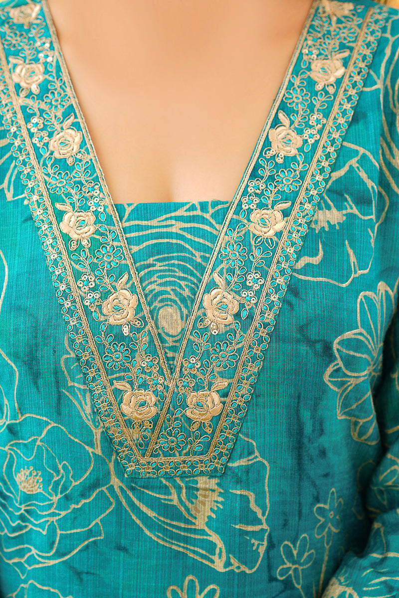 Turquoise Viscose Rayon Floral Embroidered Straight Kurta Trousers With Dupatta PKSKD3077