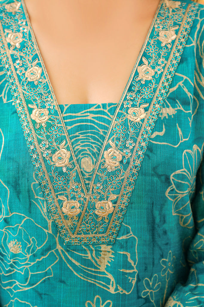 Turquoise Viscose Rayon Floral Embroidered Straight Kurta Trousers With Dupatta PKSKD3077