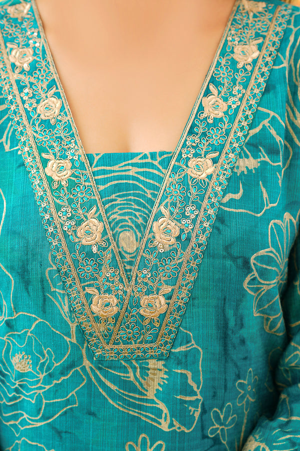 Turquoise Viscose Rayon Floral Embroidered Straight Kurta Trousers With Dupatta PKSKD3077