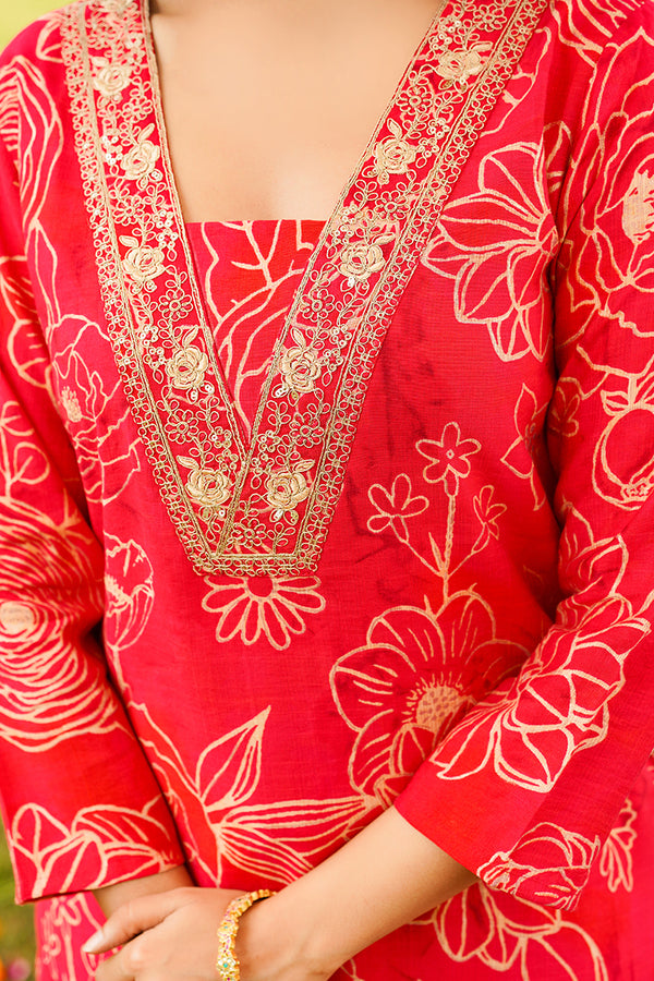 Red Viscose Rayon Floral Embroidered Straight Kurta Trousers With Dupatta PKSKD3078