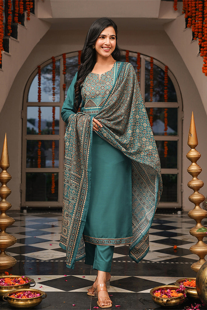 Teal Cotton Blend Ajrakh Printed Straight Kurta Trousers With Dupatta PKSKD3082