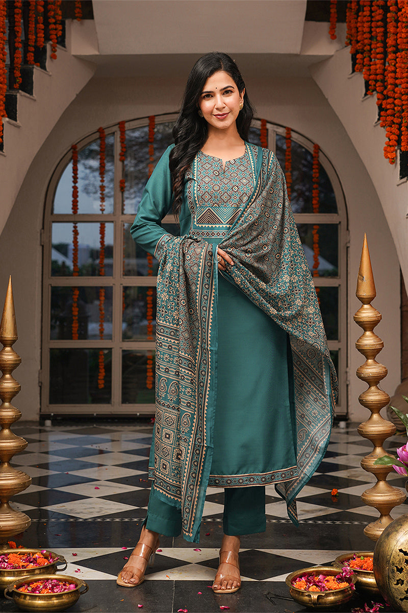 Teal Cotton Blend Ajrakh Printed Straight Kurta Trousers With Dupatta PKSKD3082