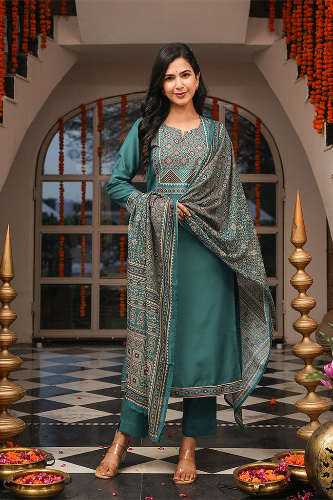 Teal Cotton Blend Ajrakh Printed Straight Kurta Trousers With Dupatta PKSKD3082