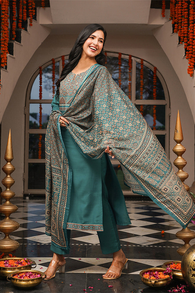 Teal Cotton Blend Ajrakh Printed Straight Kurta Trousers With Dupatta PKSKD3082