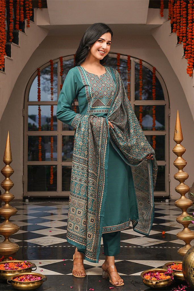 Teal Cotton Blend Ajrakh Printed Straight Kurta Trousers With Dupatta PKSKD3082
