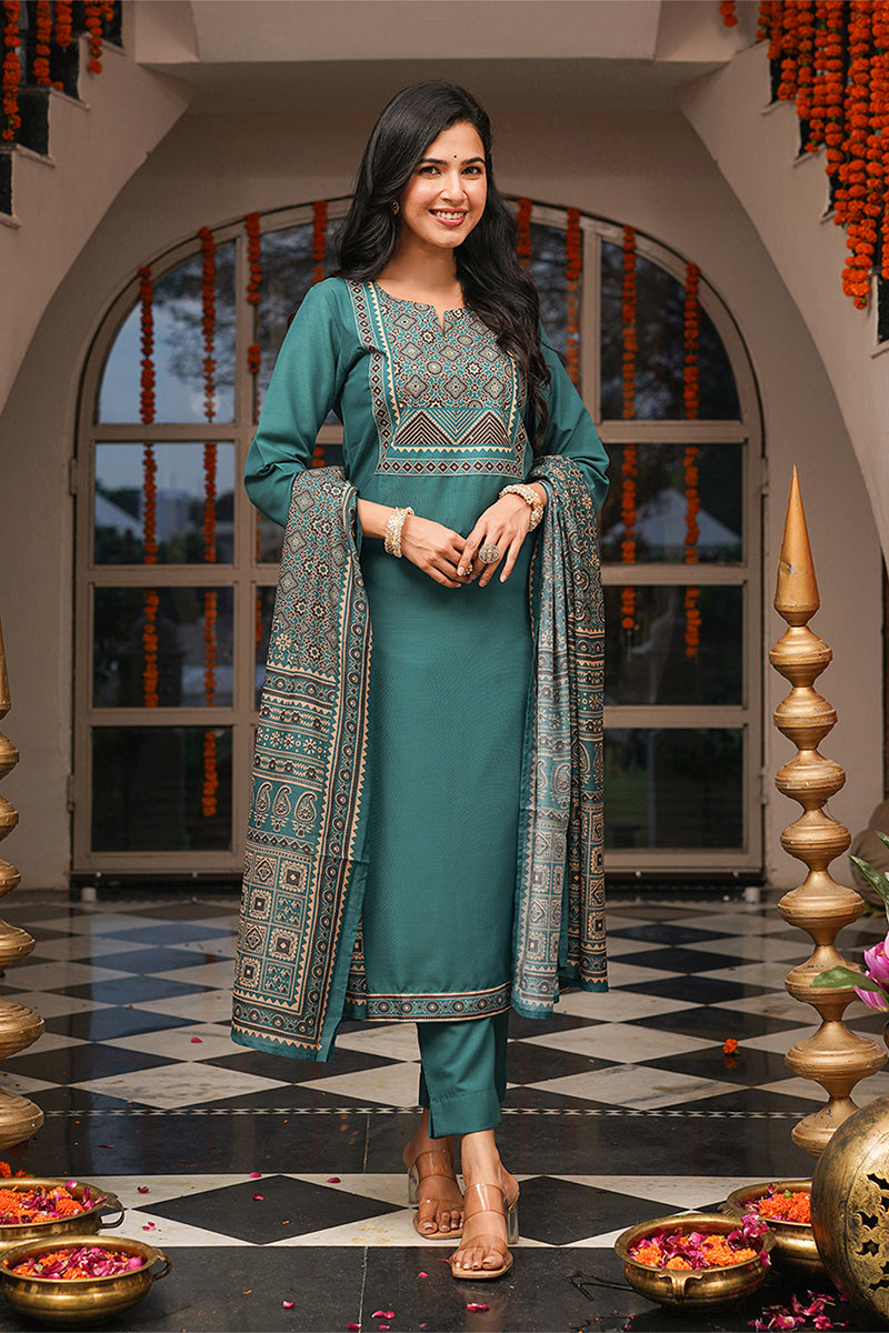 Teal Cotton Blend Ajrakh Printed Straight Kurta Trousers With Dupatta PKSKD3082