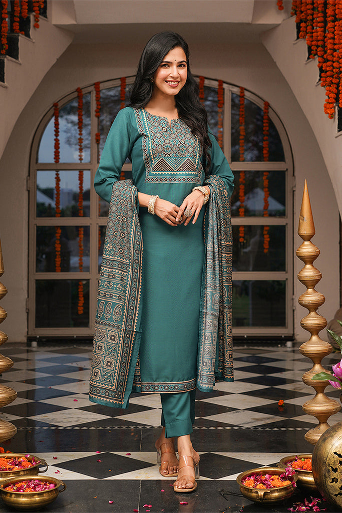 Teal Cotton Blend Ajrakh Printed Straight Kurta Trousers With Dupatta PKSKD3082
