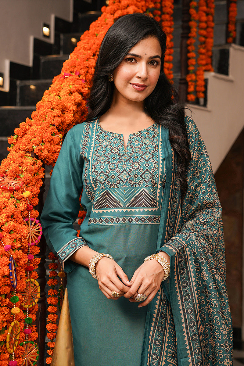 Teal Cotton Blend Ajrakh Printed Straight Kurta Trousers With Dupatta PKSKD3082