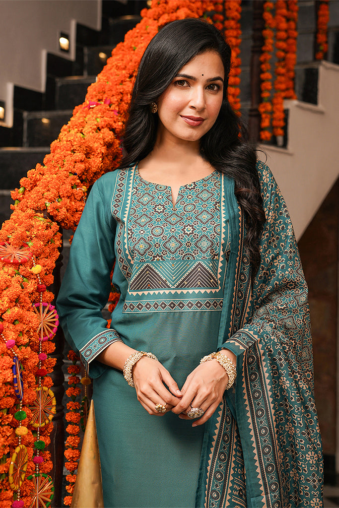 Teal Cotton Blend Ajrakh Printed Straight Kurta Trousers With Dupatta PKSKD3082