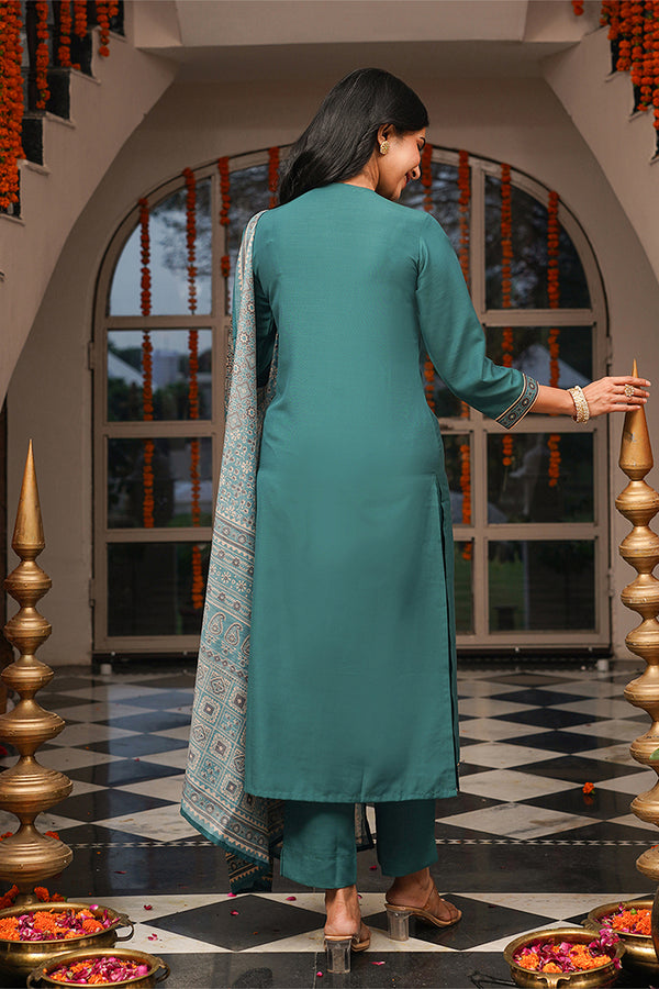 Teal Cotton Blend Ajrakh Printed Straight Kurta Trousers With Dupatta PKSKD3082