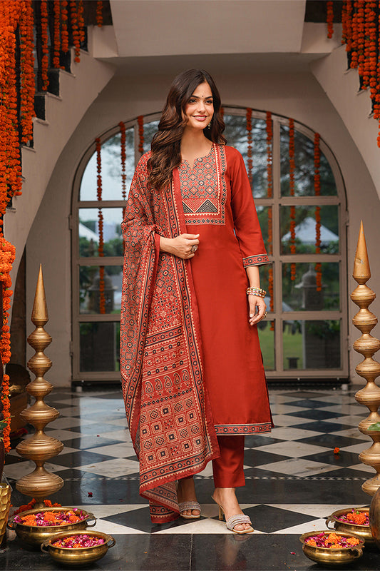 Brown Cotton Blend Ajrakh Printed Straight Kurta Trousers With Dupatta PKSKD3083