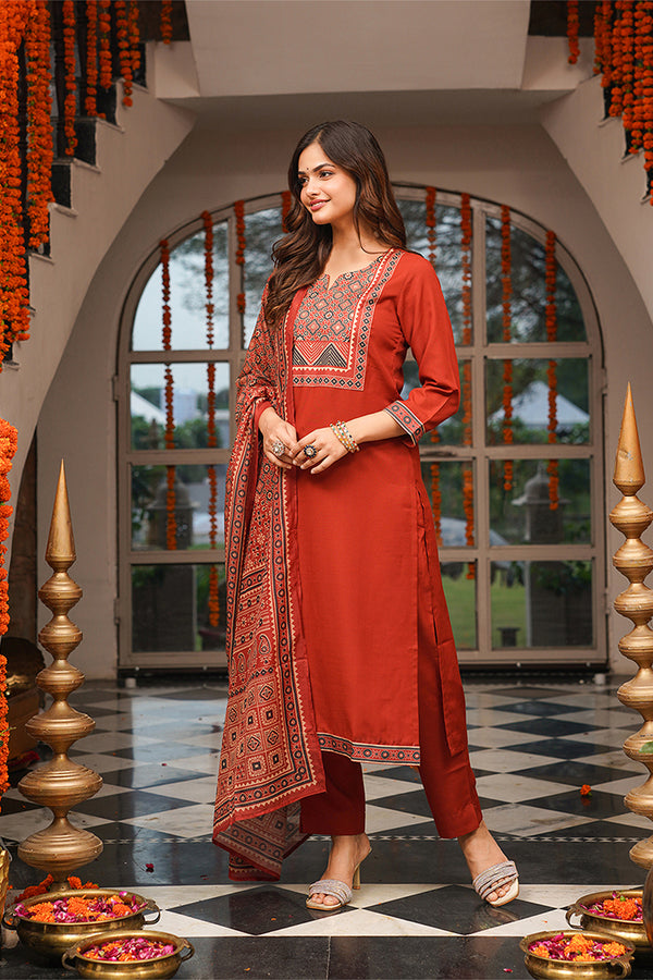 Brown Cotton Blend Ajrakh Printed Straight Kurta Trousers With Dupatta PKSKD3083