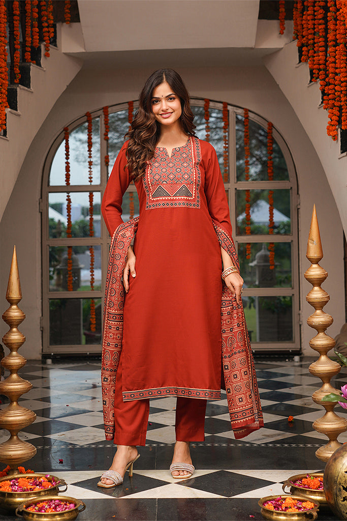 Brown Cotton Blend Ajrakh Printed Straight Kurta Trousers With Dupatta PKSKD3083