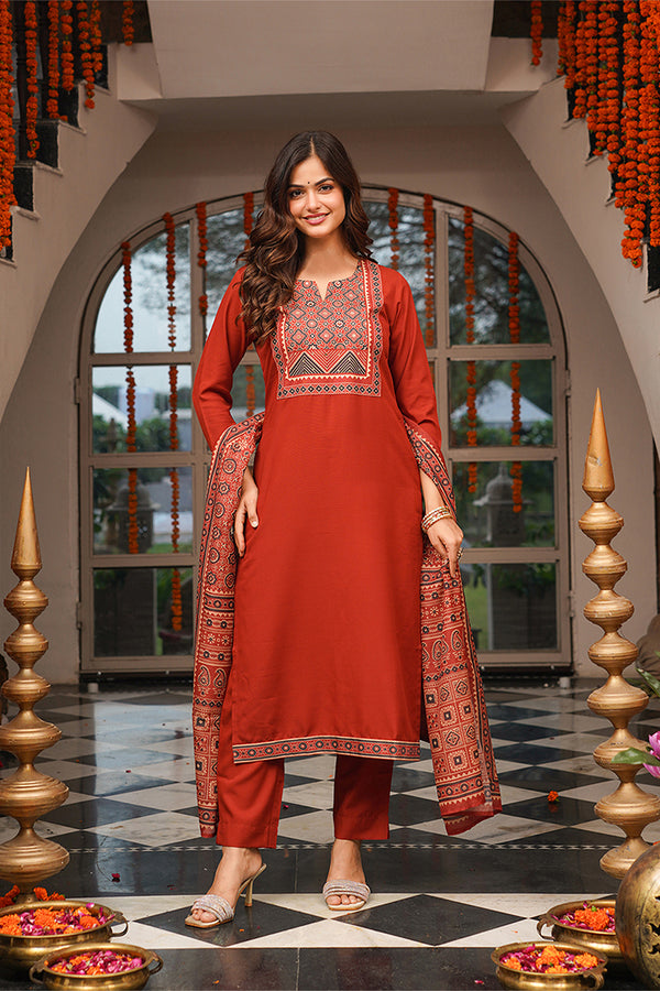 Brown Cotton Blend Ajrakh Printed Straight Kurta Trousers With Dupatta PKSKD3083