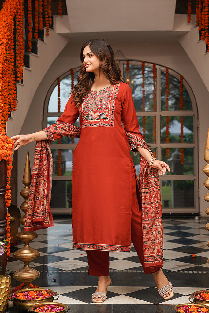 Brown Cotton Blend Ajrakh Printed Straight Kurta Trousers With Dupatta PKSKD3083