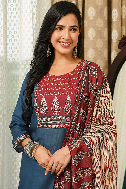 Blue Cotton Blend Ajrakh Printed Straight Kurta Trousers With Dupatta PKSKD3089