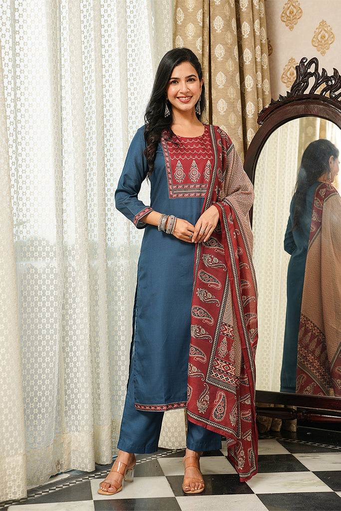 Blue Cotton Blend Ajrakh Printed Straight Kurta Trousers With Dupatta PKSKD3089