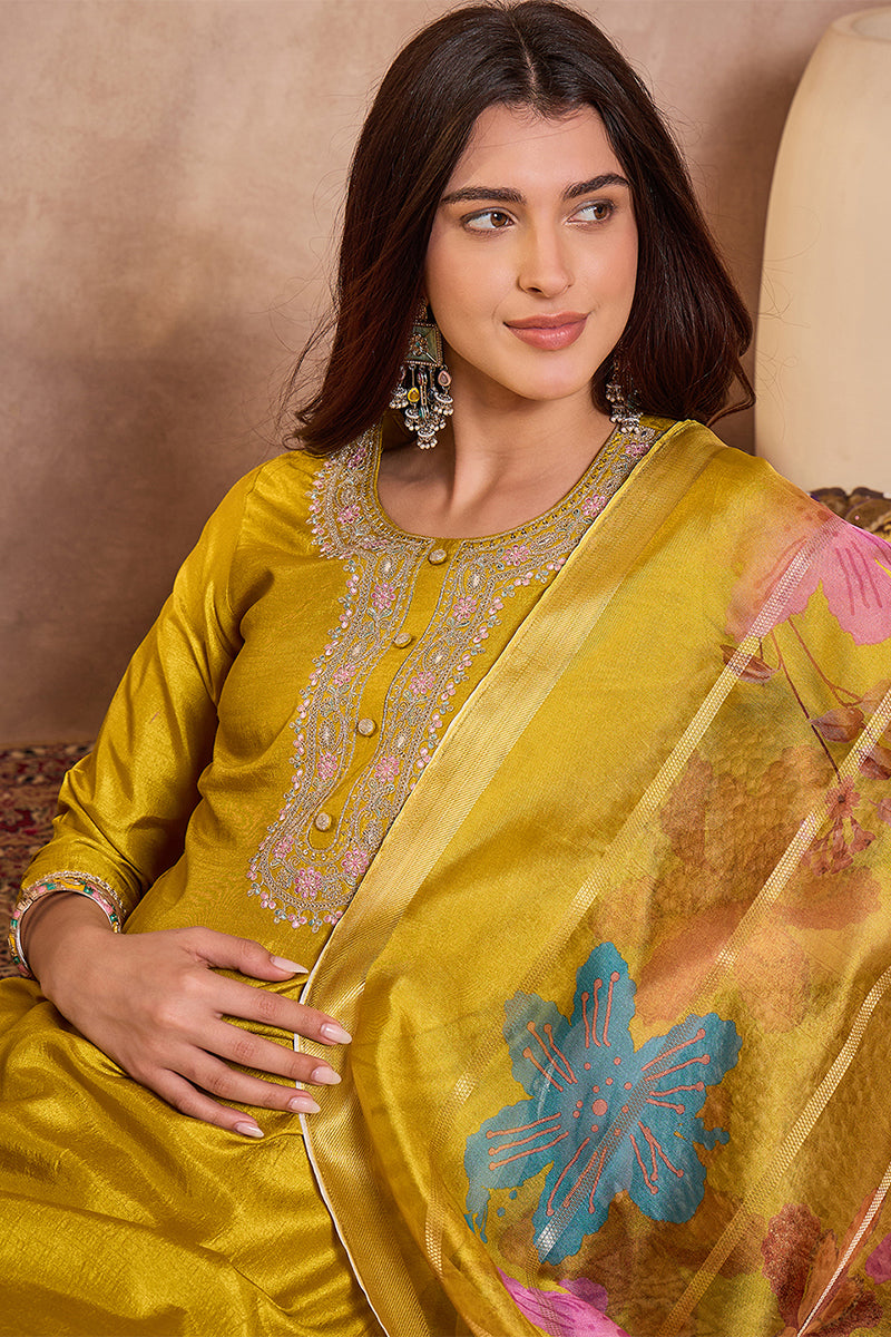 Yellow Silk Blend Solid Embroidered Straight Kurta Trouser With Dupatta PKSKD3102