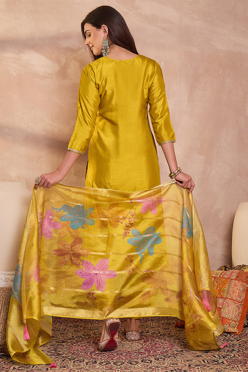 Yellow Silk Blend Solid Embroidered Straight Kurta Trouser With Dupatta PKSKD3102