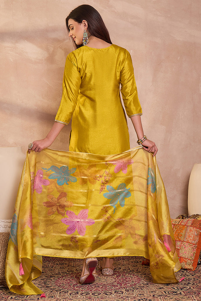 Yellow Silk Blend Solid Embroidered Straight Kurta Trouser With Dupatta PKSKD3102