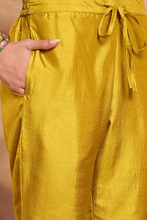Yellow Silk Blend Solid Embroidered Straight Kurta Trouser With Dupatta PKSKD3102