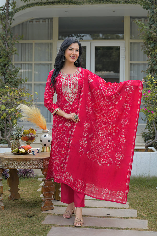 Red Silk Blend Bandhani Embroidered Straight Kurta Trousers With Dupatta PKSKD3105
