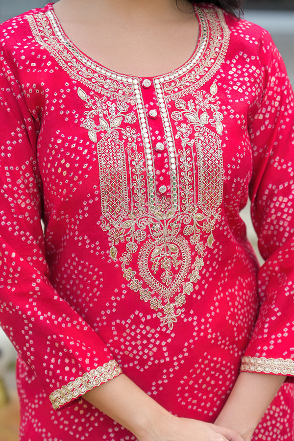 Red Silk Blend Bandhani Embroidered Straight Kurta Trousers With Dupatta PKSKD3105