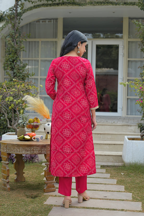 Red Silk Blend Bandhani Embroidered Straight Kurta Trousers With Dupatta PKSKD3105