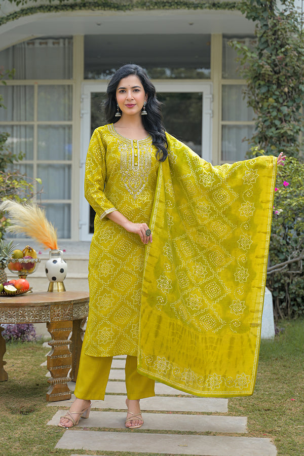 Yellow Silk Blend Bandhani Embroidered Straight Kurta Trousers With Dupatta PKSKD3106