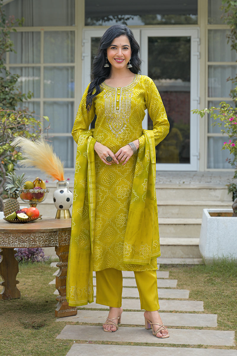 Yellow Silk Blend Bandhani Embroidered Straight Kurta Trousers With Dupatta PKSKD3106