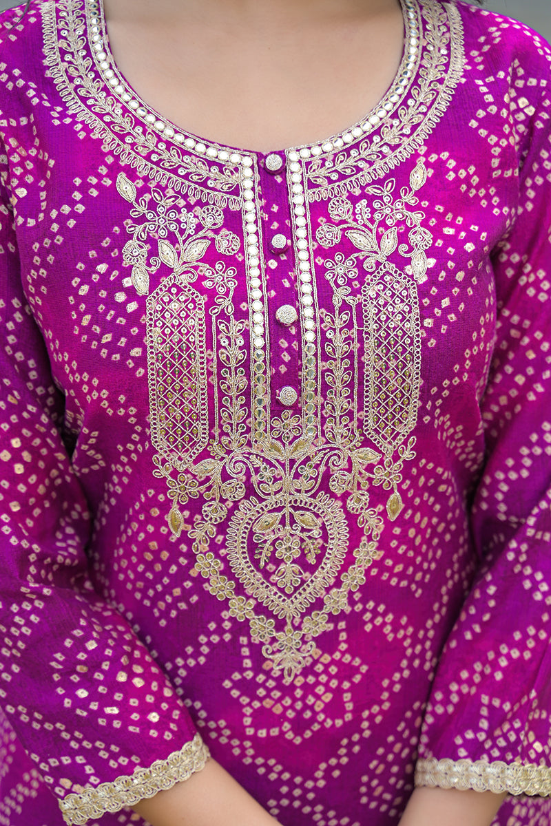 Purple Silk Blend Bandhani Embroidered Straight Kurta Trousers With Dupatta PKSKD3108