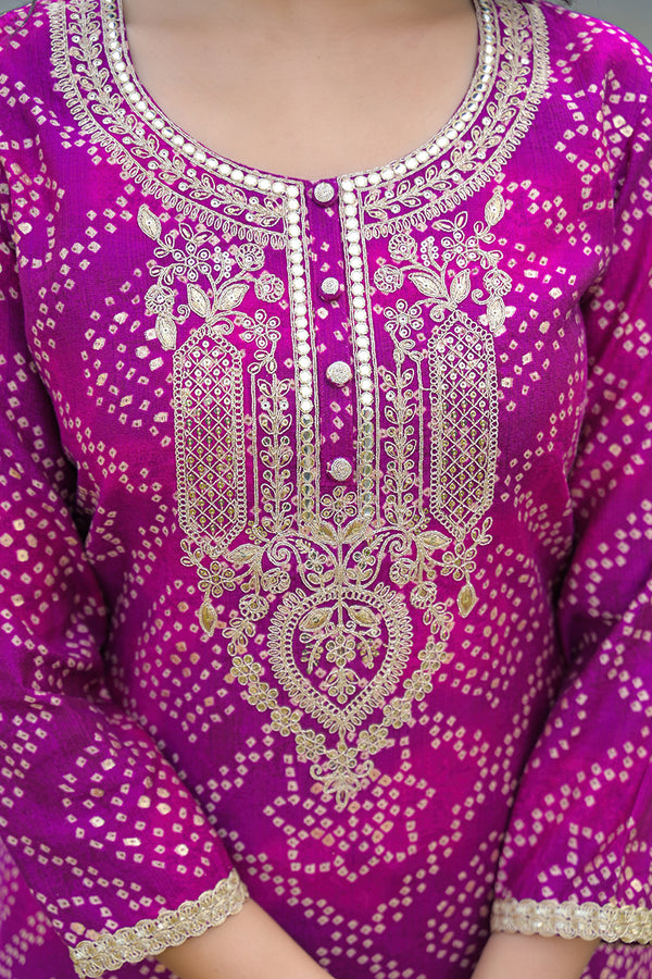 Purple Silk Blend Bandhani Embroidered Straight Kurta Trousers With Dupatta PKSKD3108