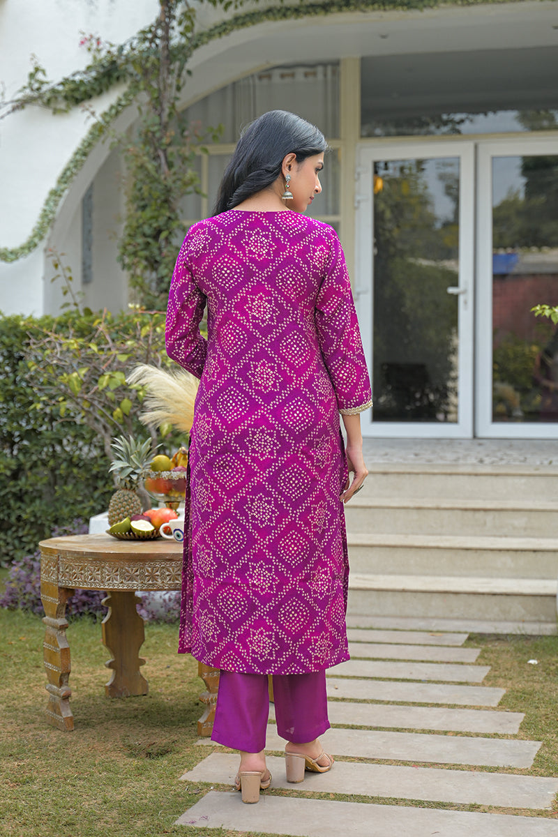 Purple Silk Blend Bandhani Embroidered Straight Kurta Trousers With Dupatta PKSKD3108