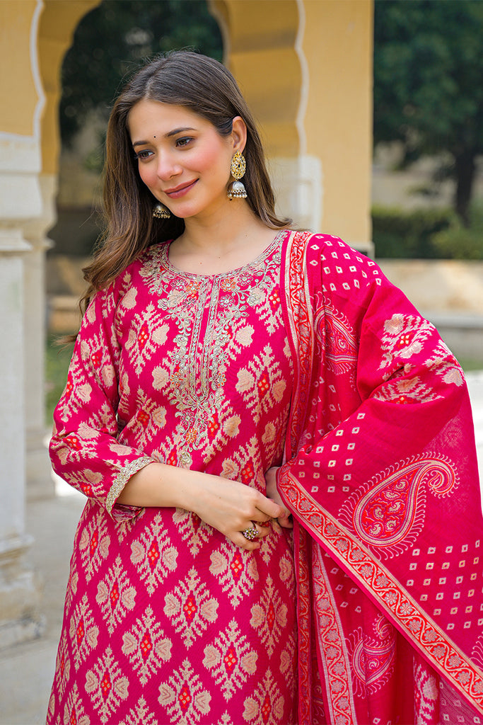 Pink Viscose Ikat Embroidered Straight Kurta Trousers With Dupatta PKSKD3127