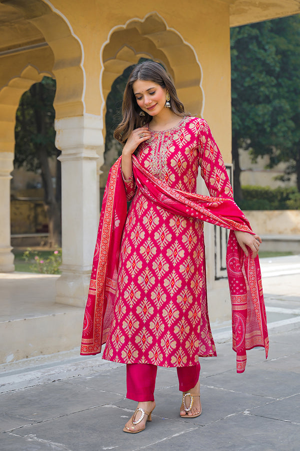 Pink Viscose Ikat Embroidered Straight Kurta Trousers With Dupatta PKSKD3127