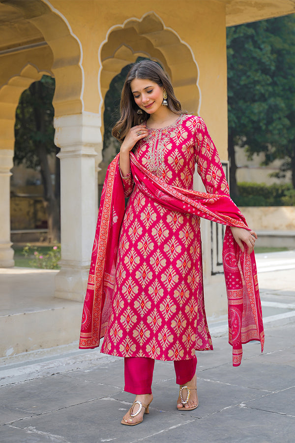 Pink Viscose Ikat Embroidered Straight Kurta Trousers With Dupatta PKSKD3127