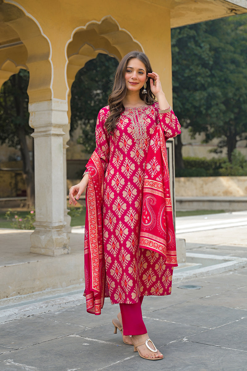 Pink Viscose Ikat Embroidered Straight Kurta Trousers With Dupatta PKSKD3127