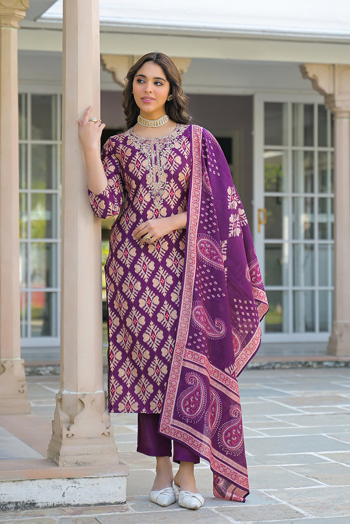 Purple Viscose Ikat Embroidered Straight Kurta Trousers With Dupatta PKSKD3137