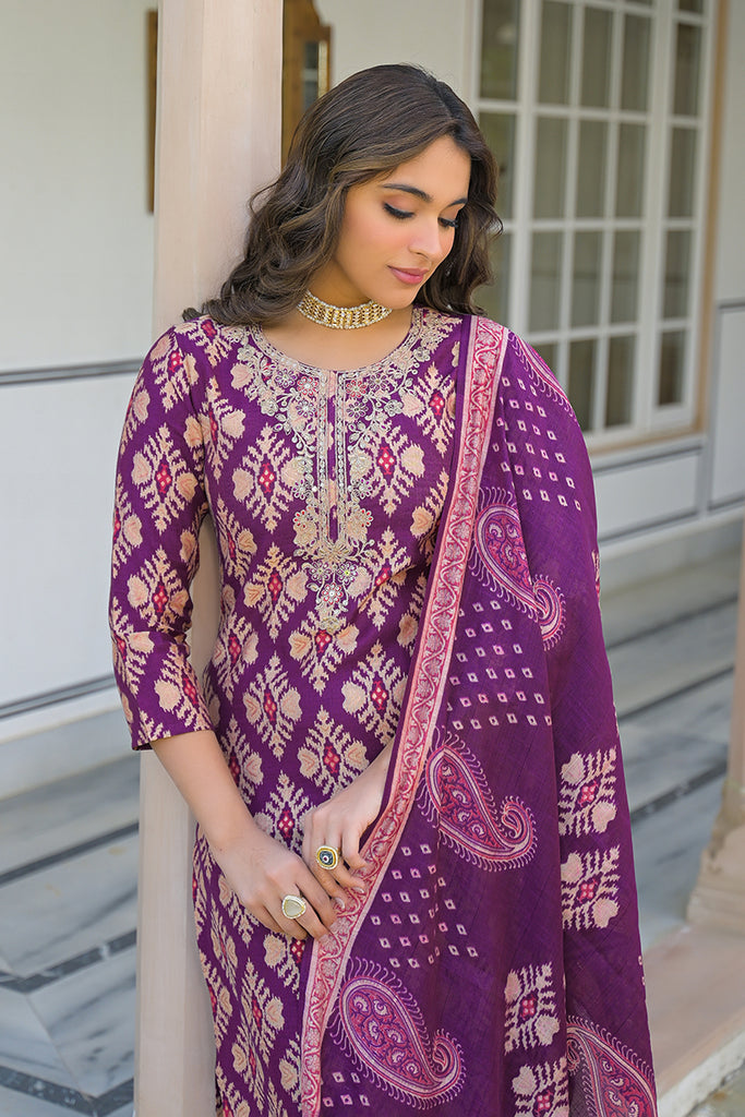 Purple Viscose Ikat Embroidered Straight Kurta Trousers With Dupatta PKSKD3137