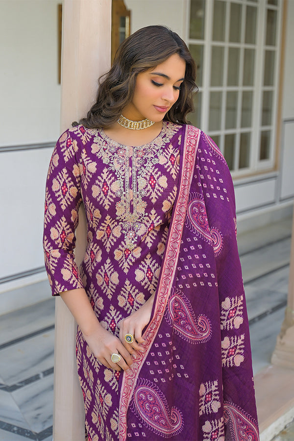 Purple Viscose Ikat Embroidered Straight Kurta Trousers With Dupatta PKSKD3137