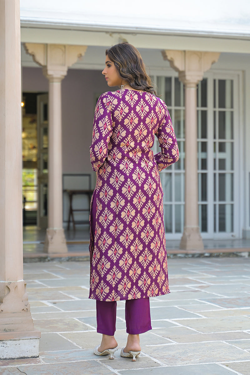 Purple Viscose Ikat Embroidered Straight Kurta Trousers With Dupatta PKSKD3137