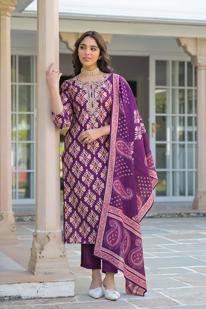 Purple Viscose Ikat Embroidered Straight Kurta Trousers With Dupatta PKSKD3137