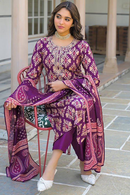 Purple Viscose Ikat Embroidered Straight Kurta Trousers With Dupatta PKSKD3137