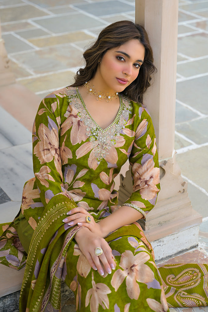 Green Viscose Floral Embroidered Straight Kurta Trousers With Dupatta PKSKD3139