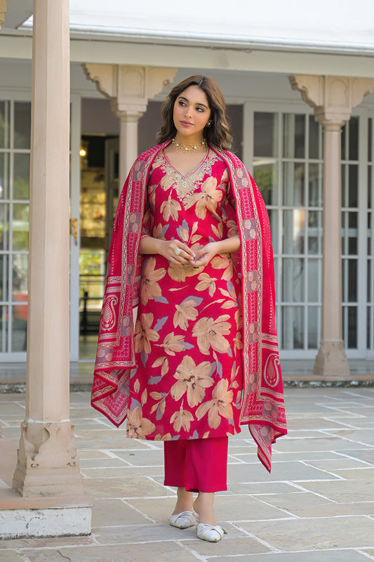Pink Viscose Floral Embroidered Straight Kurta Trousers With Dupatta PKSKD3141