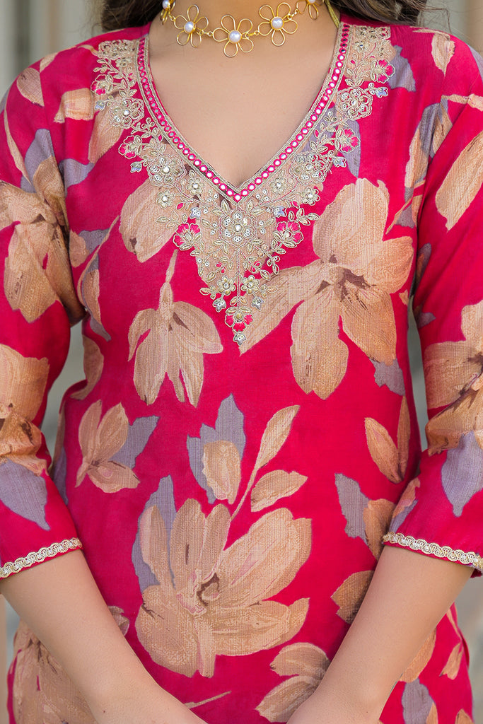 Pink Viscose Floral Embroidered Straight Kurta Trousers With Dupatta PKSKD3141